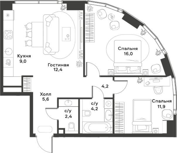 Планировка — ALIA, 3-комн., 66 м²