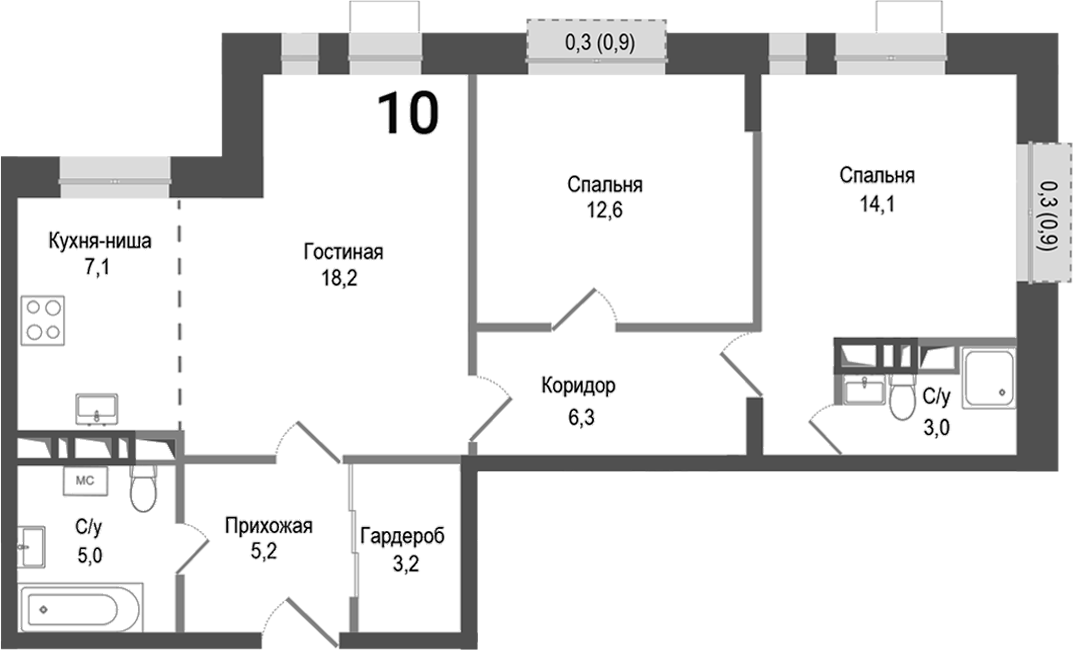 Планировка — Киноквартал, 3-комн., 75 м²