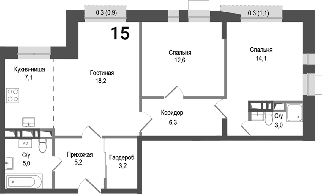 Планировка — Киноквартал, 3-комн., 75 м²