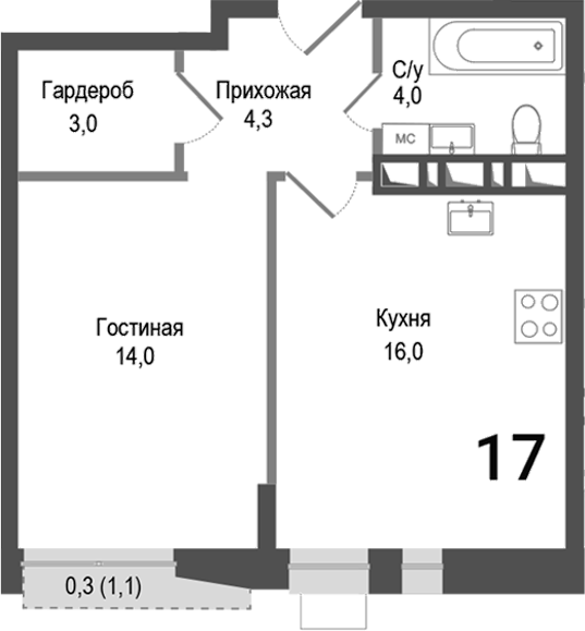 Планировка — Киноквартал, 2-комн., 41 м²