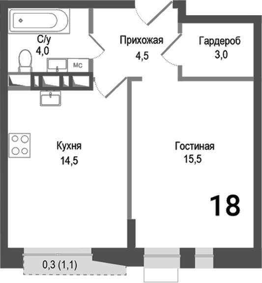 Планировка — Киноквартал, 1-комн., 42 м²