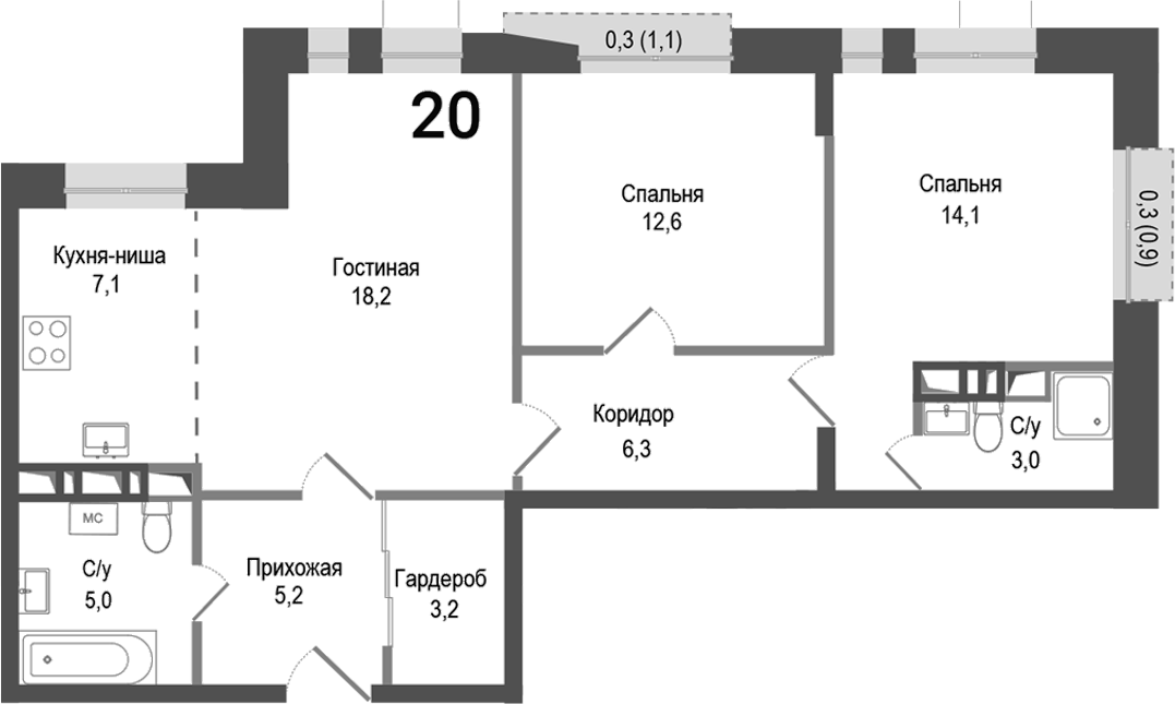 Планировка — Киноквартал, 3-комн., 75 м²