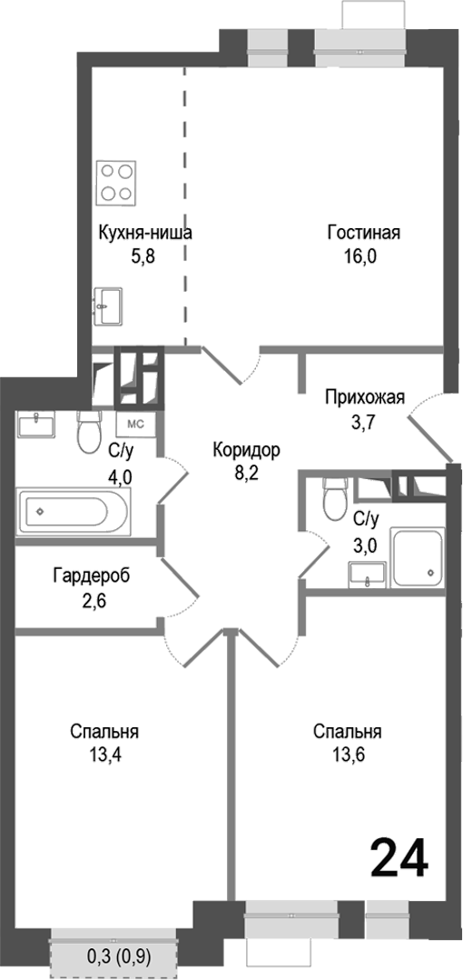 Планировка — Киноквартал, 3-комн., 70 м²