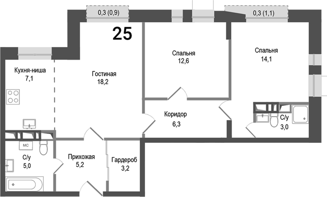 Планировка — Киноквартал, 3-комн., 75 м²