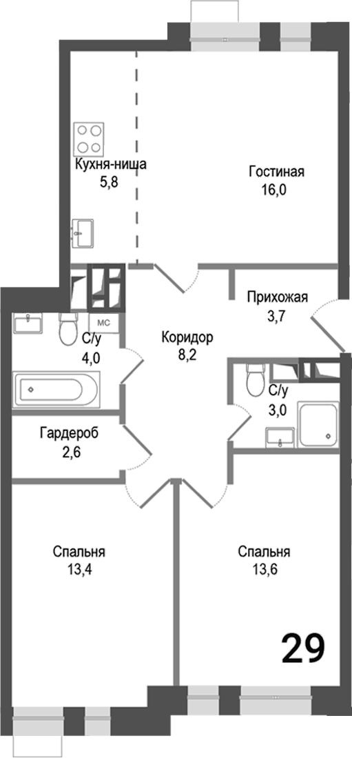Планировка — Киноквартал, 3-комн., 70 м²