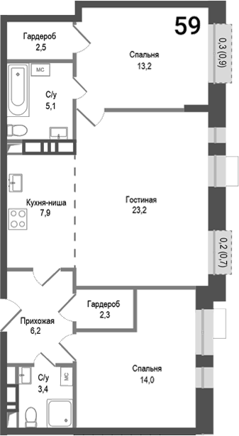 Планировка — Киноквартал, 3-комн., 78 м²