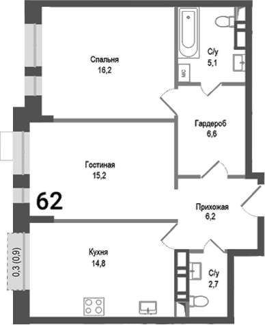 Планировка — Киноквартал, 2-комн., 67 м²