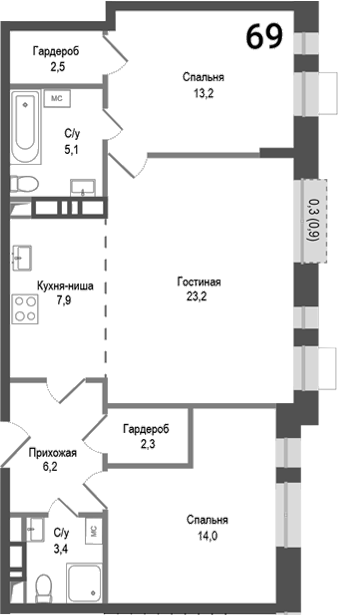 Планировка — Киноквартал, 3-комн., 78 м²