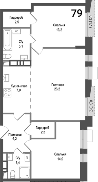 Планировка — Киноквартал, 3-комн., 78 м²