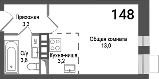 Планировка — Киноквартал, Студия, 23 м²