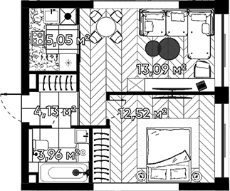 Планировка — Квартал Серебряный бор, 2-комн., 39 м²
