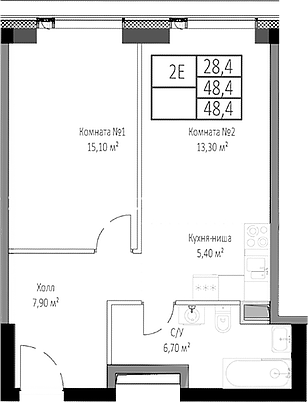 Планировка — Мираполис, 2-комн., 48 м²