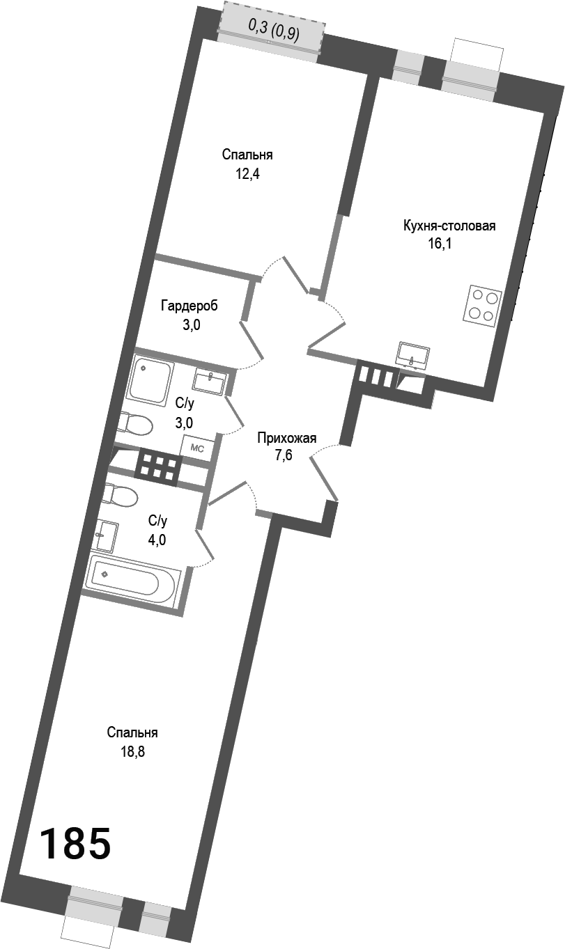 Планировка — Киноквартал, 3-комн., 65 м²