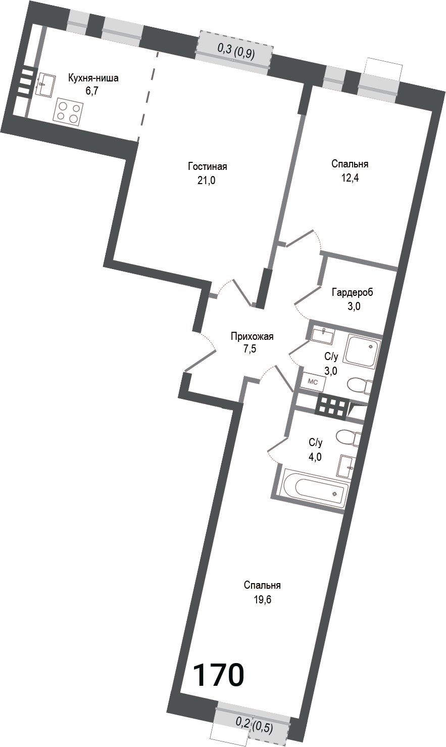 Планировка — Киноквартал, 3-комн., 77 м²
