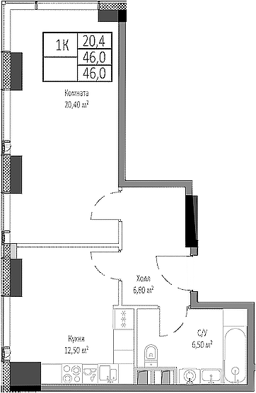 Планировка — Мираполис, 1-комн., 46 м²