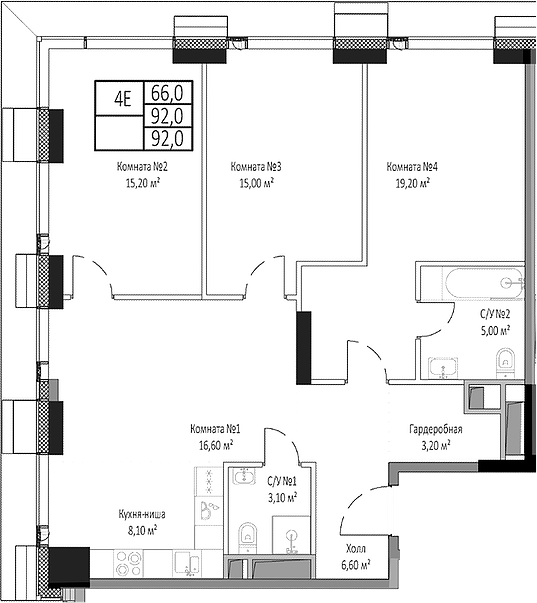 Планировка — Мираполис, 4-комн., 92 м²