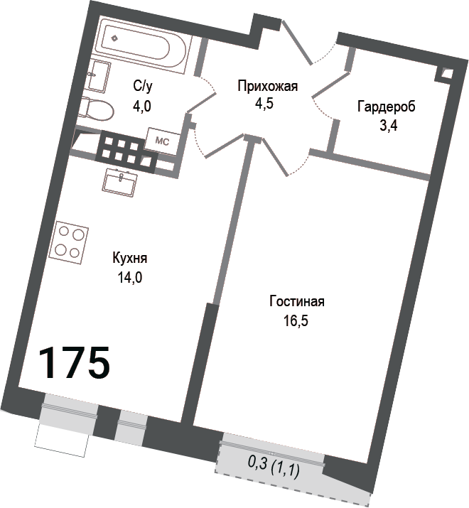 Планировка — Киноквартал, 1-комн., 42 м²