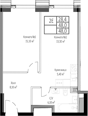 Планировка — Мираполис, 2-комн., 48 м²