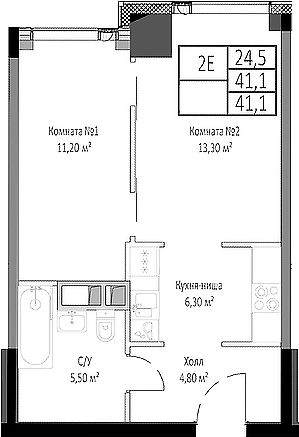 Планировка — Мираполис, 2-комн., 41 м²