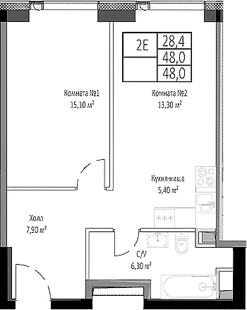 Планировка — Мираполис, 2-комн., 48 м²