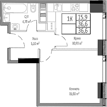 Планировка — Мираполис, 1-комн., 37 м²