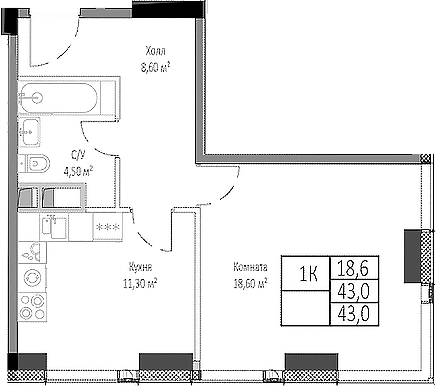Планировка — Мираполис, 1-комн., 43 м²