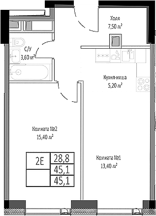 Планировка — Мираполис, 2-комн., 45 м²