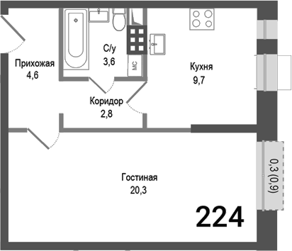 Планировка — Киноквартал, 1-комн., 41 м²