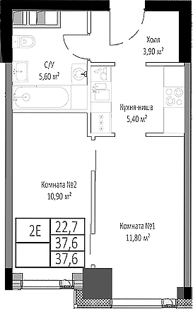 Планировка — Мираполис, 2-комн., 38 м²