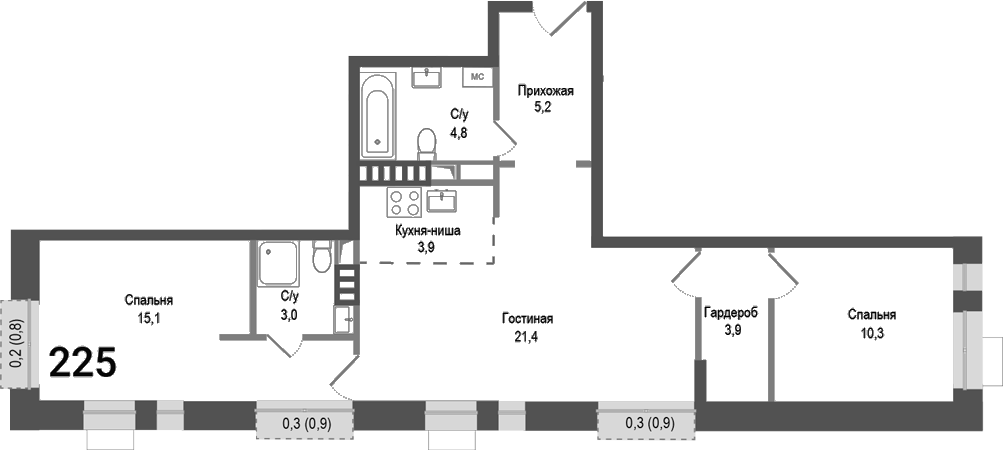 Планировка — Киноквартал, 3-комн., 68 м²