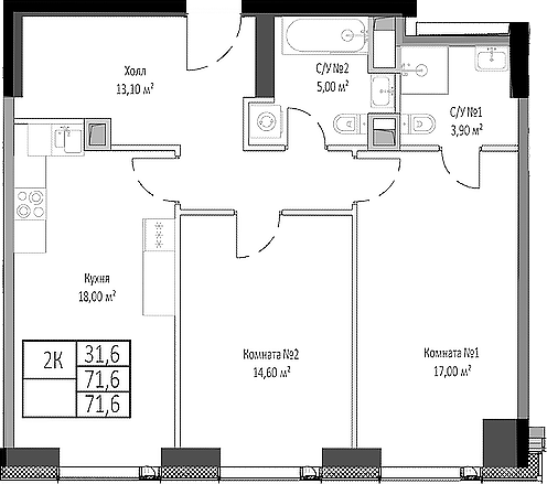 Планировка — Мираполис, 2-комн., 72 м²