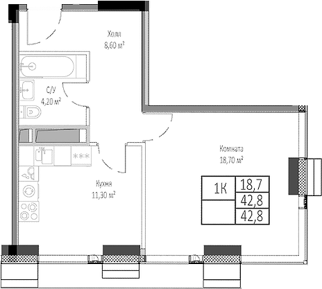 Планировка — Мираполис, 1-комн., 43 м²