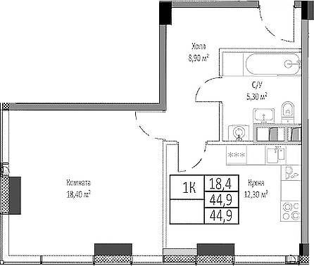Планировка — Мираполис, 1-комн., 45 м²