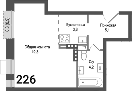 Планировка — Киноквартал, Студия, 32 м²