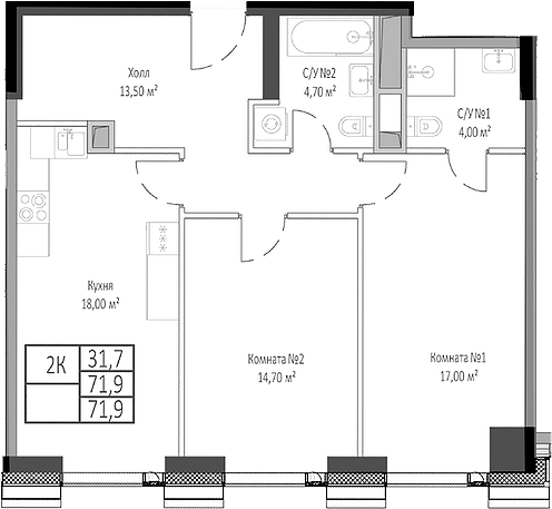 Планировка — Мираполис, 2-комн., 72 м²