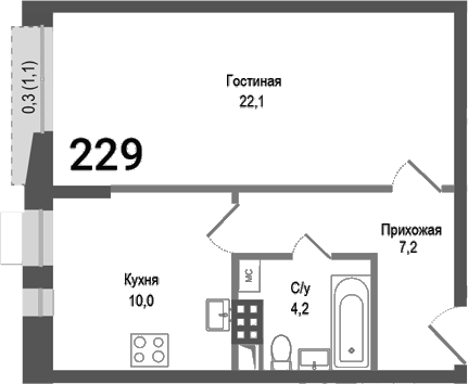 Планировка — Киноквартал, 1-комн., 44 м²