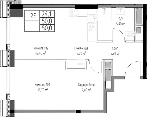 Планировка — Мираполис, 2-комн., 50 м²