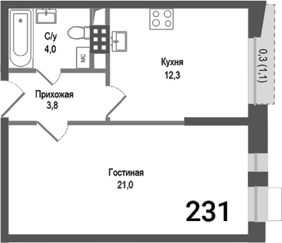 Планировка — Киноквартал, 1-комн., 41 м²