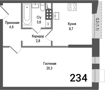 Планировка — Киноквартал, 1-комн., 41 м²