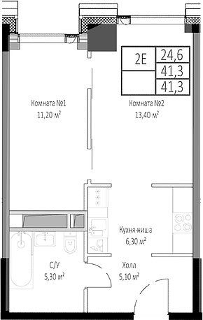 Планировка — Мираполис, 2-комн., 41 м²