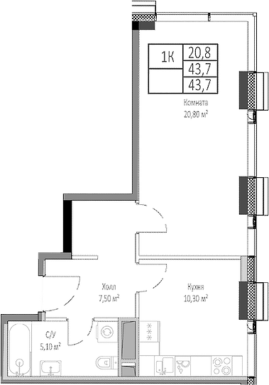 Планировка — Мираполис, 1-комн., 44 м²