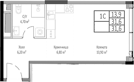 Планировка — Мираполис, Студия, 32 м²