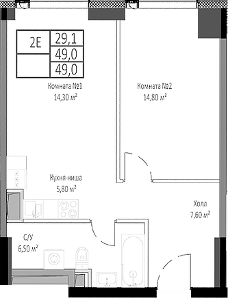 Планировка — Мираполис, 2-комн., 49 м²