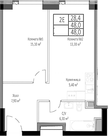 Планировка — Мираполис, 2-комн., 48 м²