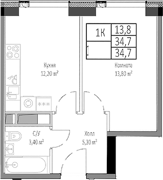 Планировка — Мираполис, 1-комн., 35 м²