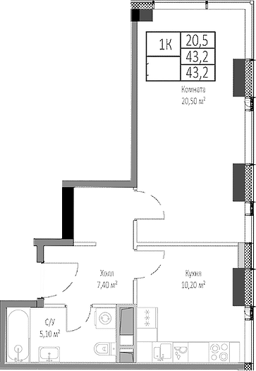 Планировка — Мираполис, 1-комн., 43 м²