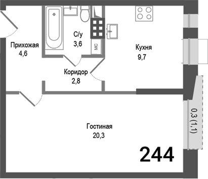 Планировка — Киноквартал, 1-комн., 41 м²