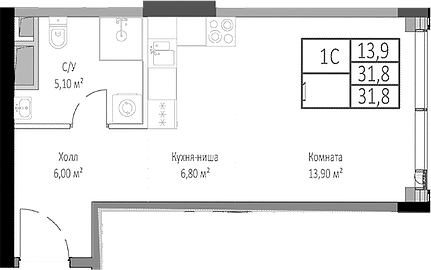 Планировка — Мираполис, Студия, 32 м²