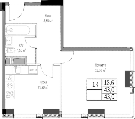 Планировка — Мираполис, 1-комн., 43 м²