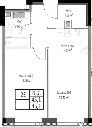 Планировка — Мираполис, 2-комн., 45 м²